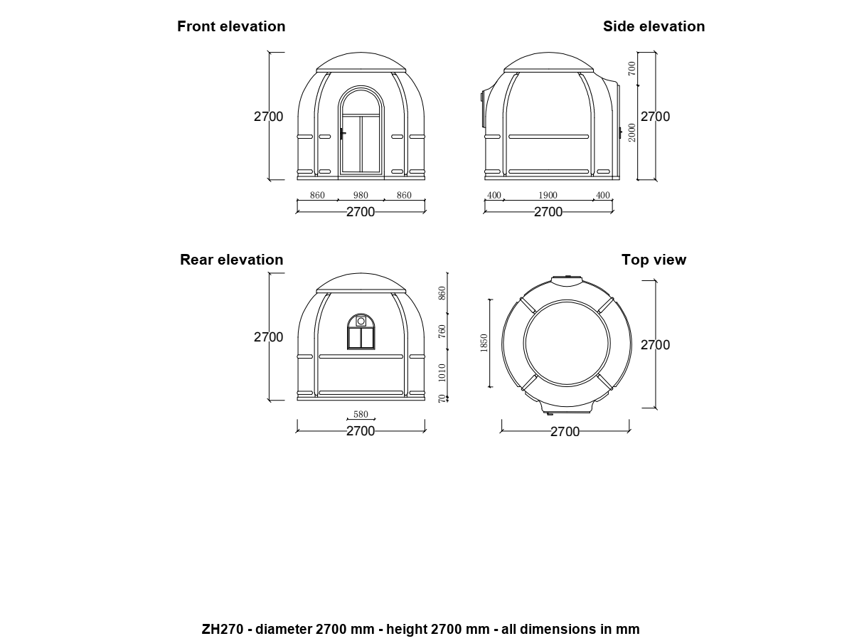ZH270 transparent dome house elevation drawing - front, side, rear and plan views with dimensions