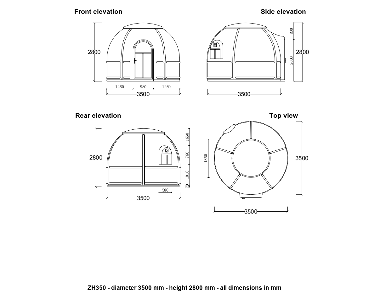 ZH350 transparent dome house elevation drawing - front, side, rear and plan views with dimensions