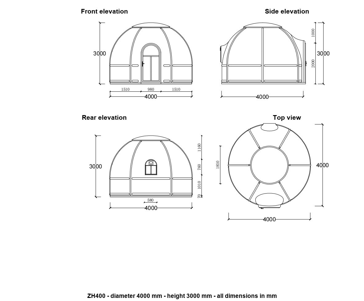 ZH400 transparent dome house elevation drawing - front, side, rear and plan views with dimensions