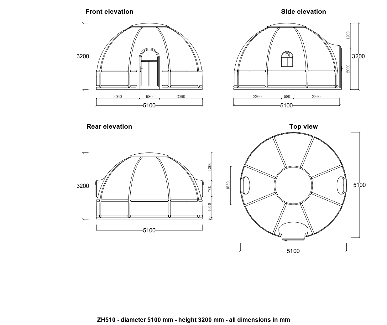 ZH510 transparent dome house elevation drawing - front, side, rear and plan views with dimensions