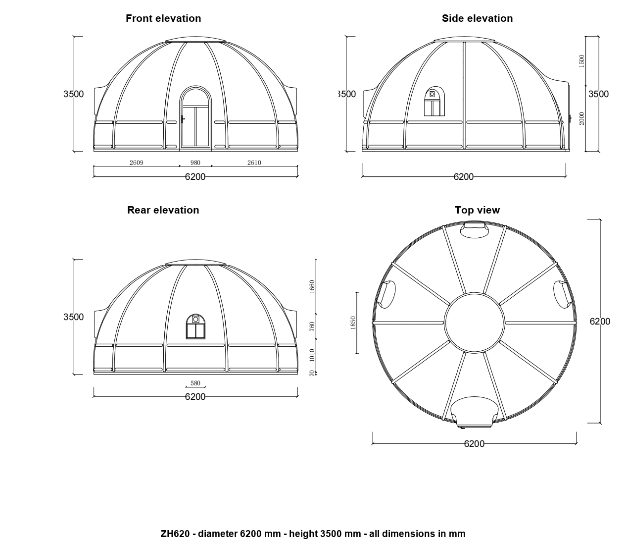 ZH620 transparent dome house elevation drawing - front, side, rear and plan views with dimensions